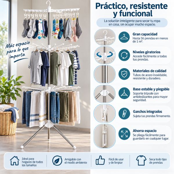 Tendedero Vertical Plegable de 3 Niveles Giratorios | Tendé la ropa sin dar mil vueltas.