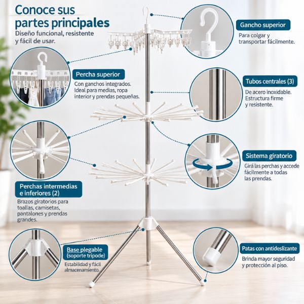 Tendedero Vertical Plegable de 3 Niveles Giratorios | Tendé la ropa sin dar mil vueltas.