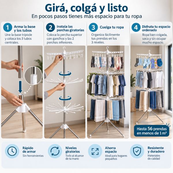 Tendedero Vertical Plegable de 3 Niveles Giratorios | Tendé la ropa sin dar mil vueltas.