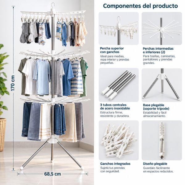 Tendedero Vertical Plegable de 3 Niveles Giratorios | Tendé la ropa sin dar mil vueltas.